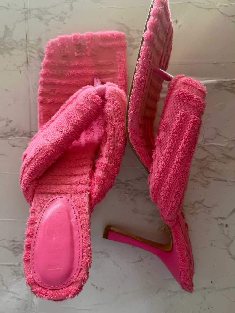 Pink Women's Terry Cloth Square-Toe Heeled Sandals